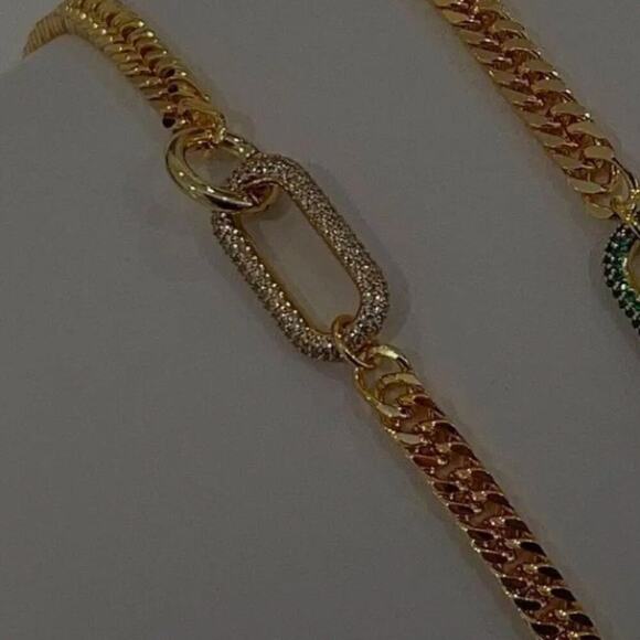 Gold Zircon Rectangular Charm Necklace Chain Link - Picture 11 of 11